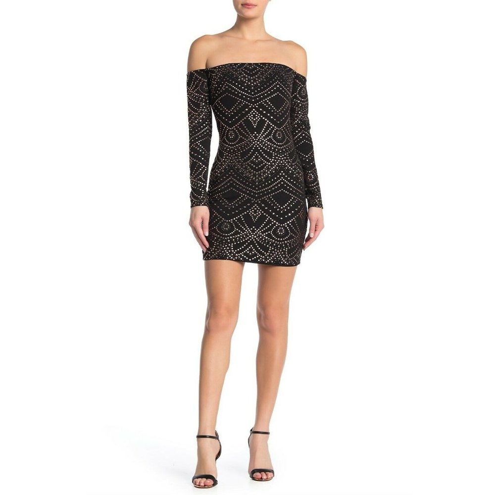 Jump Womens Black Gold Off-the-Shoulder Dress